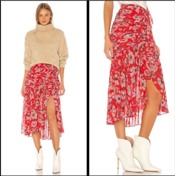 cinq a sept Dresses & Skirts - Cinq a Sept Kathleen Floral High Low Ruffle Midi Skirt Venetian Red